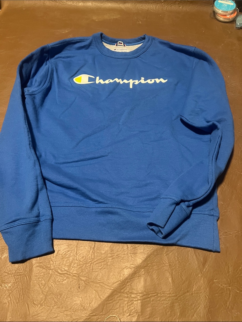 Champion Men’s Crewneck Sweatshirt - Blue with Yellow Logo Accent